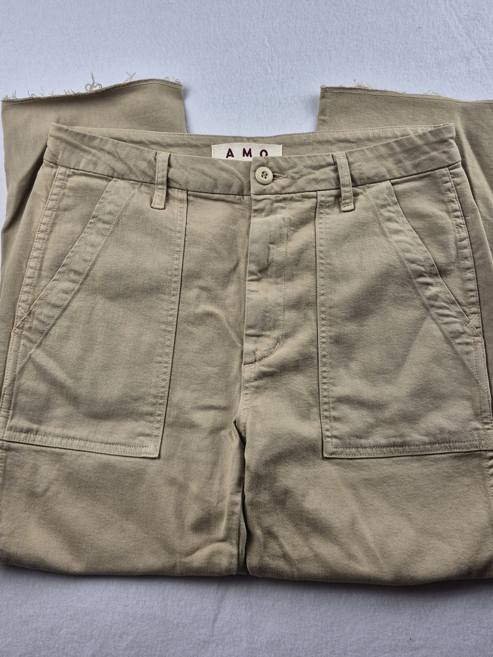 AMO Easy Army Trouser Pants 29 Khaki Tan Cotton Lyocell Raw Hem Utility Made in